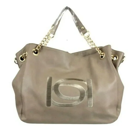 BEBE Tote Shopper Bag Lg Vegan Leather Gold Tone Chain Dark Beige Style Whitney